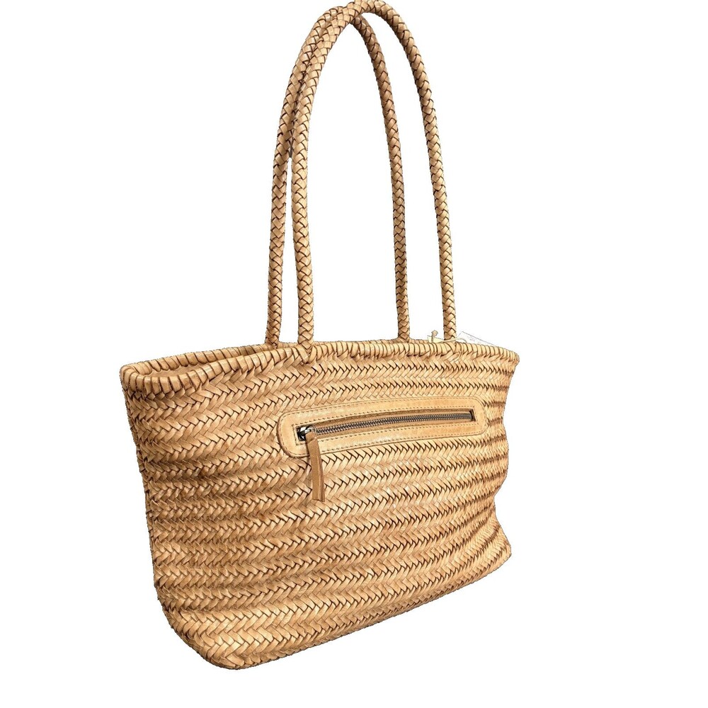 Genuine Tan Leather Woven Shoulder Tote Bag Made India Boho Braided Strap NWT